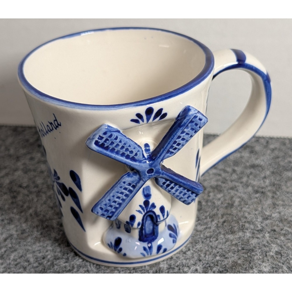 Blue Delft DUO Coffee Tea Mug Handpainted 3D Windmill Millhouse Souvenir Holland